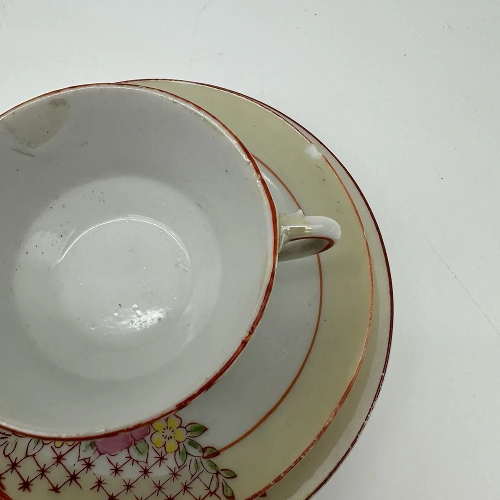 Vintage China Floral Demitasse Cup & Saucer 5 Sets Mini Red Trim Childs Tea Size